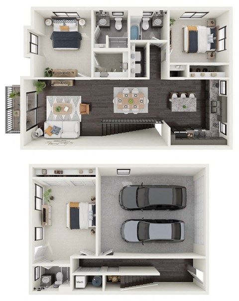 a stylized floor plan with a bedroom and a bathroom
